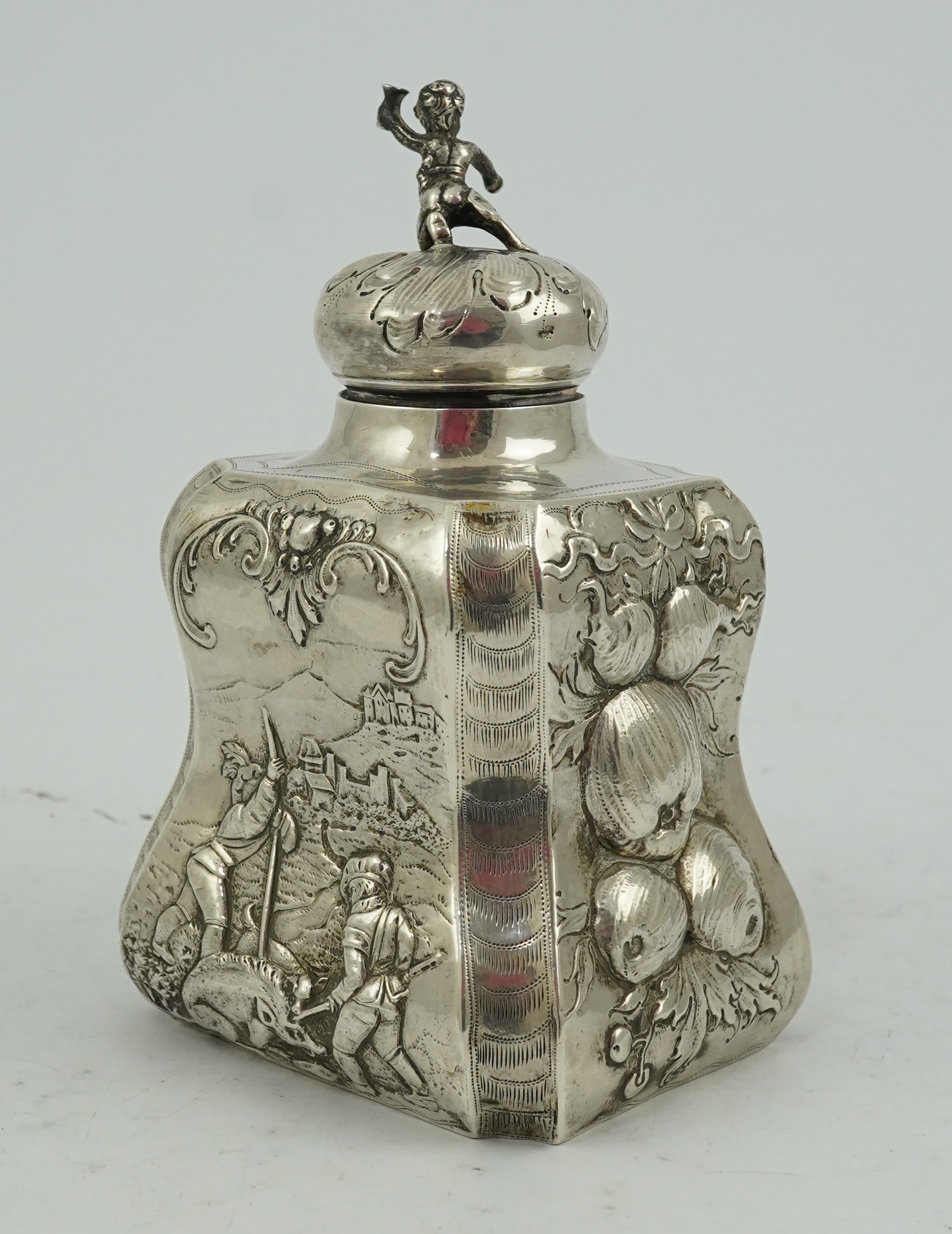 A late Victorian Hanau silver tea caddy and cover by Berthold Muller, with import marks for Chester, 1899